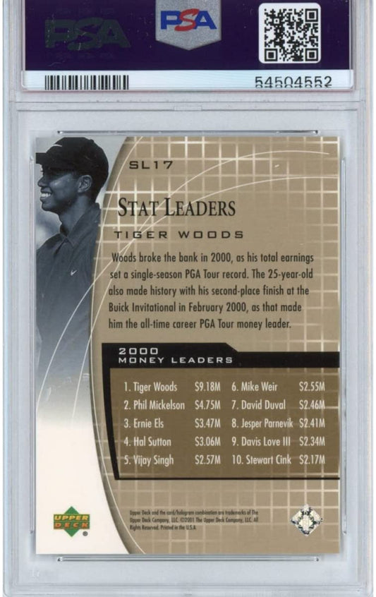 Graded 2001 Upper Deck UD Golf Tiger Woods #SL17 Stat Leaders Rookie RC Golf Card PSA 10 Gem Mint