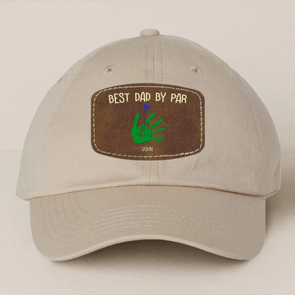 Personalized Best Dad By Par Golf Player Father's Day Gift - Leather Patch Bio-Washed Classic Dad Hat