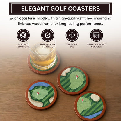 Golf Coasters, Durable Wooden Drink Coasters with Holder