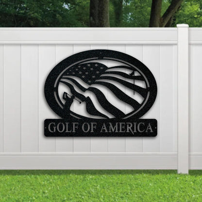 Golf of America Personalized Metal Sign, Laser-cut American Flag Sign with Golfer