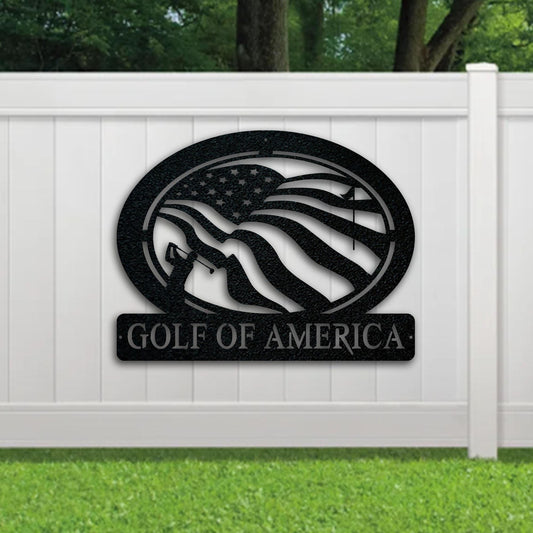 Golf of America Personalized Metal Sign, Laser-cut American Flag Sign with Golfer