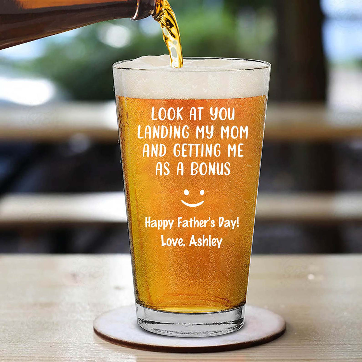 Look At You Landing My Mom And Getting Me As A Bonus | Personalized Funny Beer Glass For Stepdad | Father’s Day Gift for Bonus Dad, Best Stepfather 682237